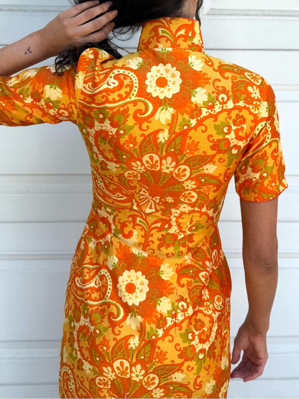 Vintage 60s Orange Raw Silk Floral Midi Dress Cheongsam with Jacket - Picture 12 of 17